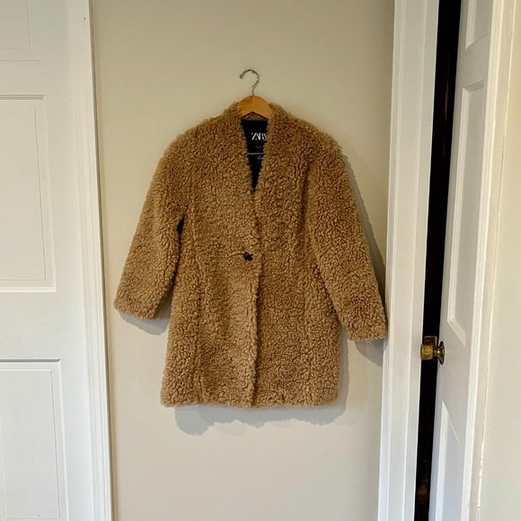 Zara Faux Fur Camel Teddy Coat NWT Size XS Mid Length - Picture 2 of 5